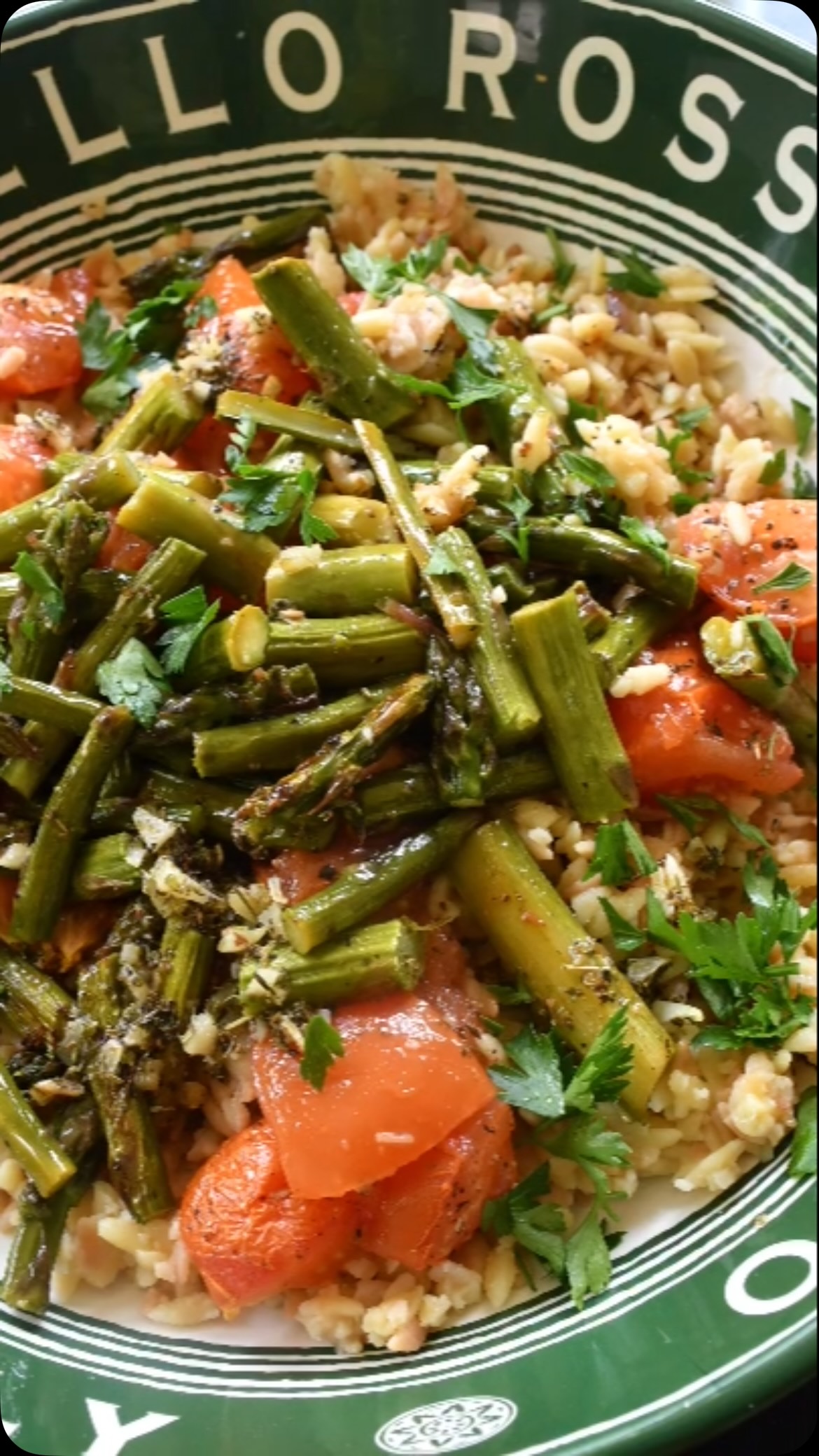 #asparagus #orzo salad #This is an easy to make and very healthy and tempting recipe. In this recipe, I used colorful vegetables, since I believe that when we eat a colorful dish, our body and mind feel good. It provides varied nutrition to the body and also refreshes the mind. You can also try different variations of this recipe like different pasta or different vegetables. This can be served hot or cold
Excellent dish to provide a kick start to you at lunch time.

Ingredient 
2 cups orzo 
2 tbsp olive oil
½ tsp garlic - minced 
2 cup vegetable broth
1 pound asparagus - cut 
2 medium size tomatoes - cut into small pieces or as you like 
½ cup almonds - cut sliced 
½ lb spinach - wash and cut
½ cup olive 
⅓ cup feta cheese (crumbled) 
2 tbsp chives chopped fine or use green onion chopped 
Salt and pepper as per taste
Any other vegetable as you like 

Dressing 
2 tbsp virgin olive oil
4 tbsp lemon juice or juice 
1 tsp lemon zest 
2 tsp minced garlic 
Fresh or dry herbs like parsley or basil (as per taste)
Salt/ pepper to taste

METHOD

Take a fry pan, put it on medium flame and add 1 tbsp olive oil. Add orzo and roast till golden brown (about 5 minutes) . 
Add vegetables broth and wait until orzo absorbs the broth.
Meanwhile, take another fry pan and put it on medium flame. Add 1 tbsp oil and add garlic and mix for about 30 seconds. 
Add asparagus and mix for about 3 minutes. If you want any other vegetables, add at this time.
Add and mix spinach and tomatoes.
Add salt and pepper to taste. 
Now add vegetables to the orzo and keep aside.
For dressing, take a wide bowl and add oil, garlic, herbs, lemon juice, lemon zest, and salt/ pepper to taste and mix. 
Add dressing to the orzo and mix everything. 
Cover with a lid and keep in the fridge for about 3 to 4 hours. 
Garnish with chives, green onion, olive and feta cheese. 
Enjoy!

Note - if you want to serve hot, don’t put it in the fridge.