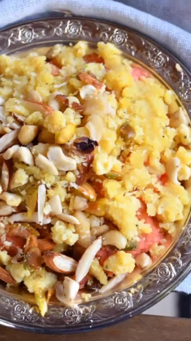 #Moongdal#halwa❤️😋🍛👩‍🍳 #This dessert is so elegant and delicious. 
 Serve:4
1 cup yellow moong dal washed and soak for 6 hours 
4 tbsp  sugar or more if desired 
⅓ cup khoya
½ cup butter or ghee or more required 
1 cup hot milk 
2 tbsp  almond - sliced or crushed 
2 tbsp cashew nuts - broken (out of shells)
2 tbsp pistachio - slices 
2 tbsp raisins
2 tsp cardamom powder 
 saffron 

Method

First grind the dal in the food processor and keep aside. 
Meanwhile, take a warm milk and add saffron. Keep aside. Now, put the pan on a heat add 1 cup water and sugar. Wait until it boils. Keep aside.

Put a pan on the gas and start at slow heat. Add the ghee. When the ghee is melted, add the dal and stir for about 25 to 30 minutes. Or see the aroma come and not stick in the pan.Continue to stir after that, then add the almonds.

Now, add the sugar syrup to the dal mix and add the saffron milk, the remaining ½ cup of milk, cardamom powder, raisins, Stir, and then close the gas. Cover the lid for about 3 to 5minutes.

And garnish with pistachios and cashews. Serve hot!

Note: Another thing to garnish the halwa with is chandi varak , which is edible silver. It looks absolutely beautiful! It’s just optional.